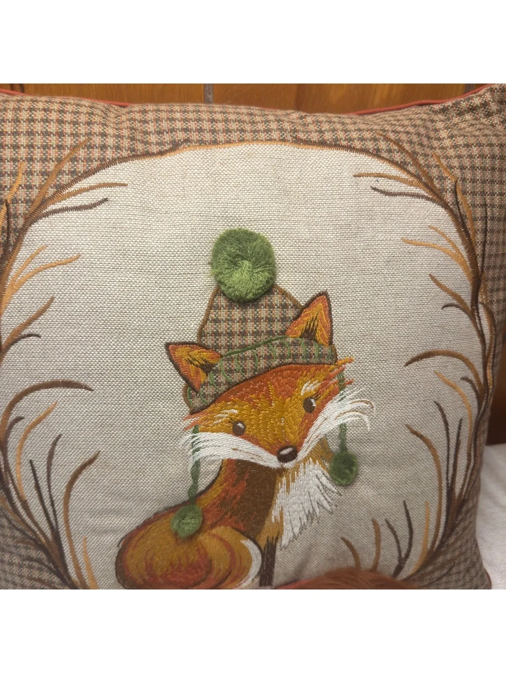 Vintage Pier 1 Fox Throw Pillow 16x16 Embroidered Woodland Pom Pom Tail